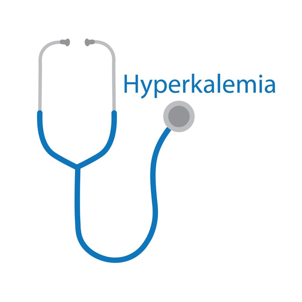 White background with word hyperkalemia and doctor’s stethoscope, high potassium levels.