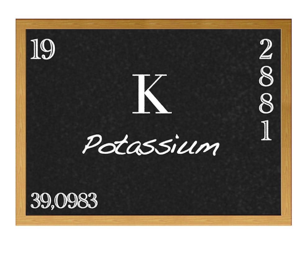 Potassium mineral periodic table element information on chalkboard.