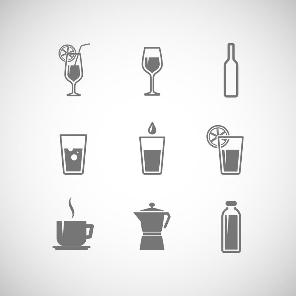 Illustrated icons of different types of beverages and drinks, coffee, tea, water, alcohol, soda.
