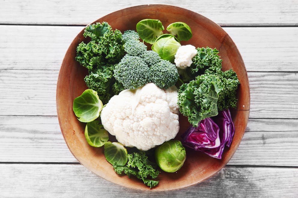 Cruciferous vegetables in a wooden bowl