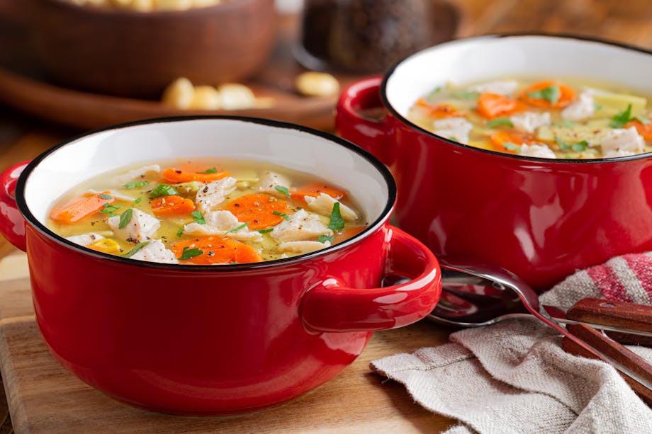 Bowls of chicken noodle soup