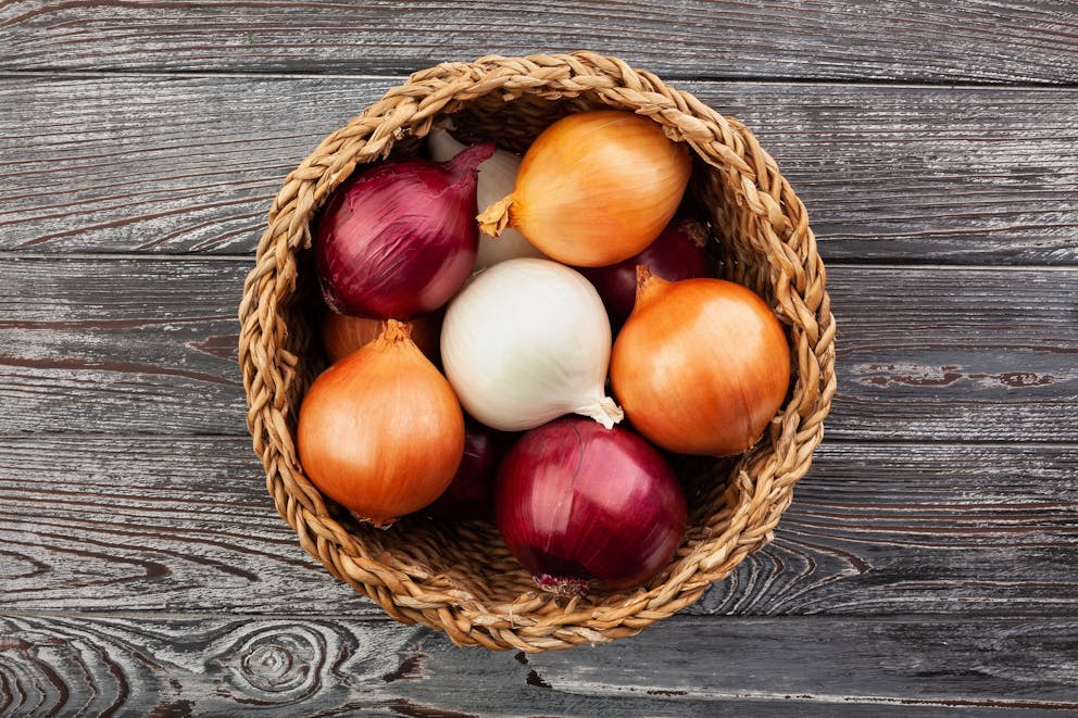 Basket of colorful onions