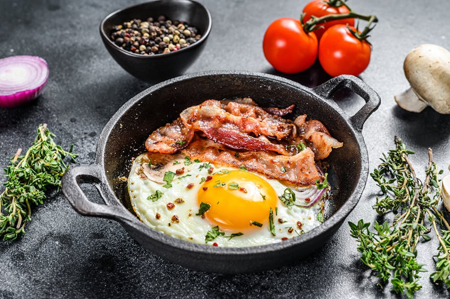 Bacon and eggs in pan