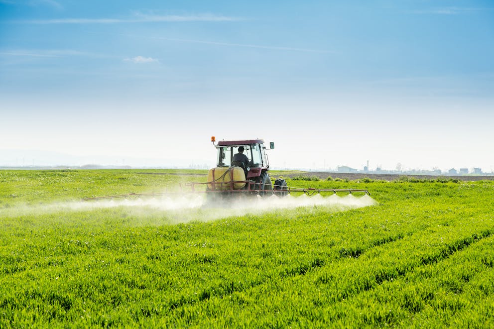Farmer spraying a wheat field with herbicide