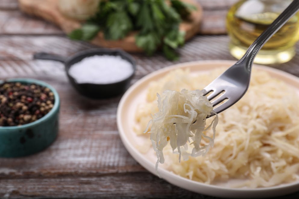 A fork full of sauerkraut