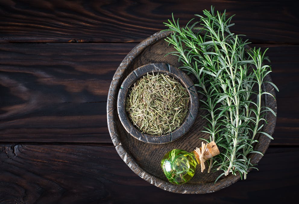 dried rosemary and essential oil