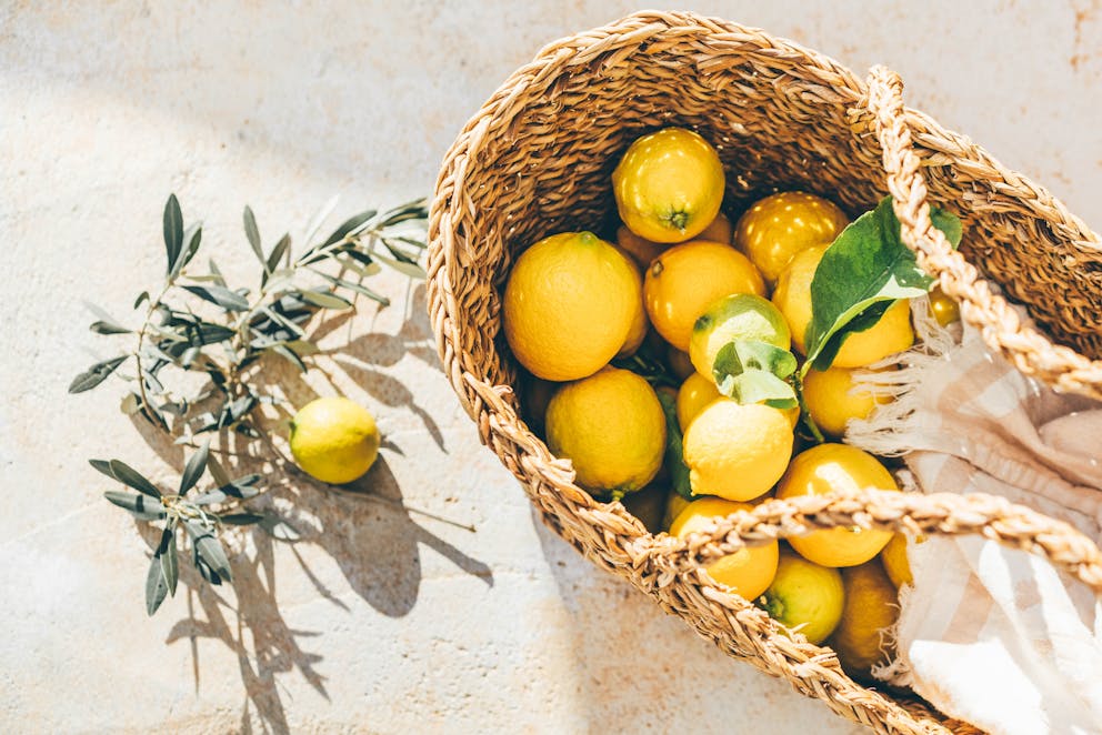 Fresh-picked lemons in a basket