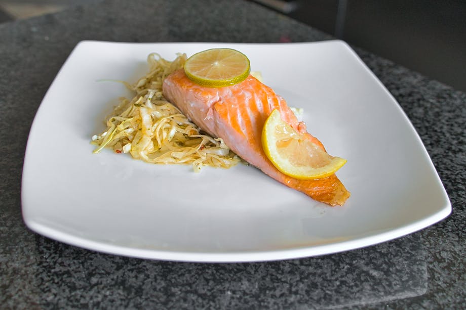 Salmon, cabbage, and lemon plated