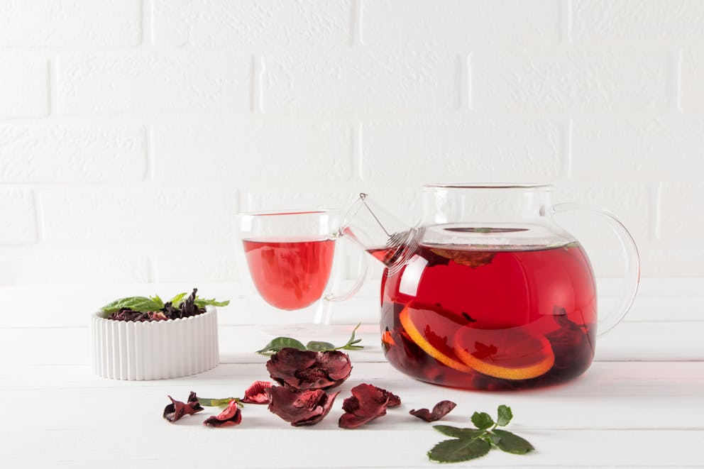 Glass teapot of hibiscus tea