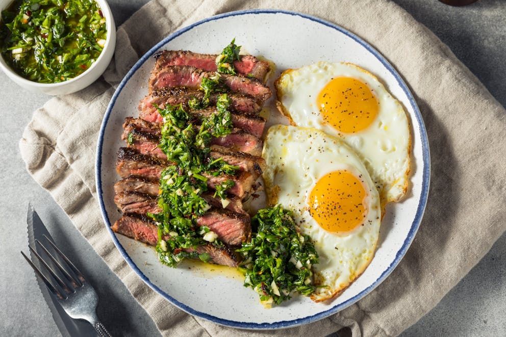 Steak and eggs with chimichurri