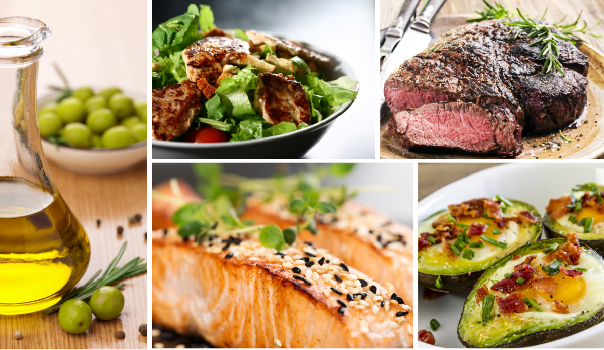 Keto approved foods – steak, salmon, avocado, olive oil