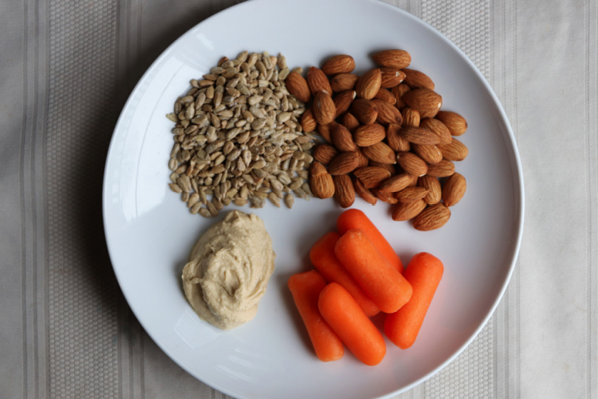 Carbs - carrots, almonds, sunflower seeds, hummus