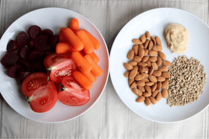 Carbs - carrots, almonds, beets, hummus, tomatoes, sunflower seeds