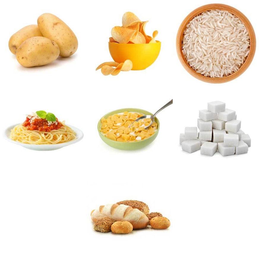 potatoes, potato chips, white rice, spaghetti, flaked cereal with milk, sugar cubes and bread