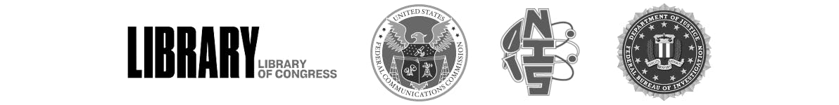 Logos for the library of congress, US federal communications commission, NIS, and US department of justice FBI
