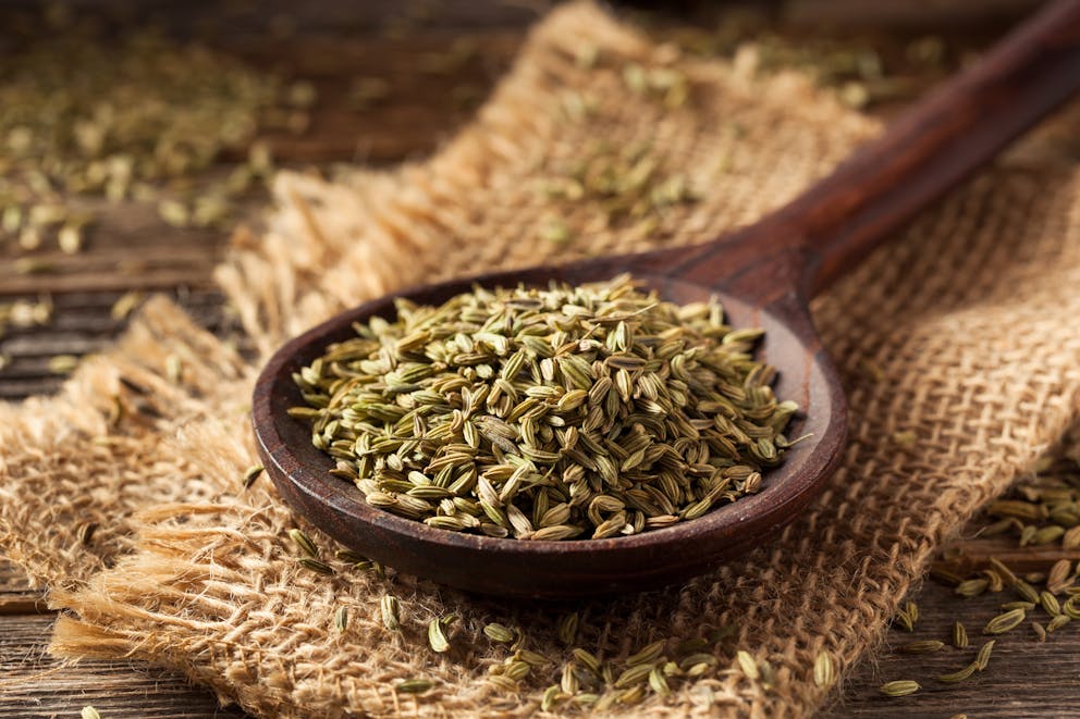 Organic fennel seeds in spoon