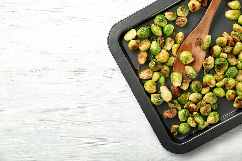 Brussels sprouts on baking sheet