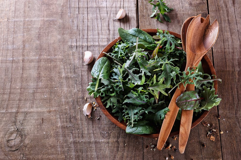 Green leafy vegetable salad and garlic